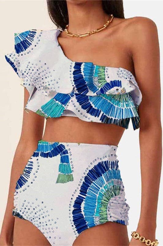 SA600 Tropical Printed One Shoulder Ruched Bikini