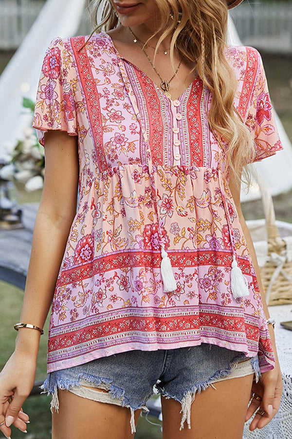 TB790 Boho Floral Print Blouse